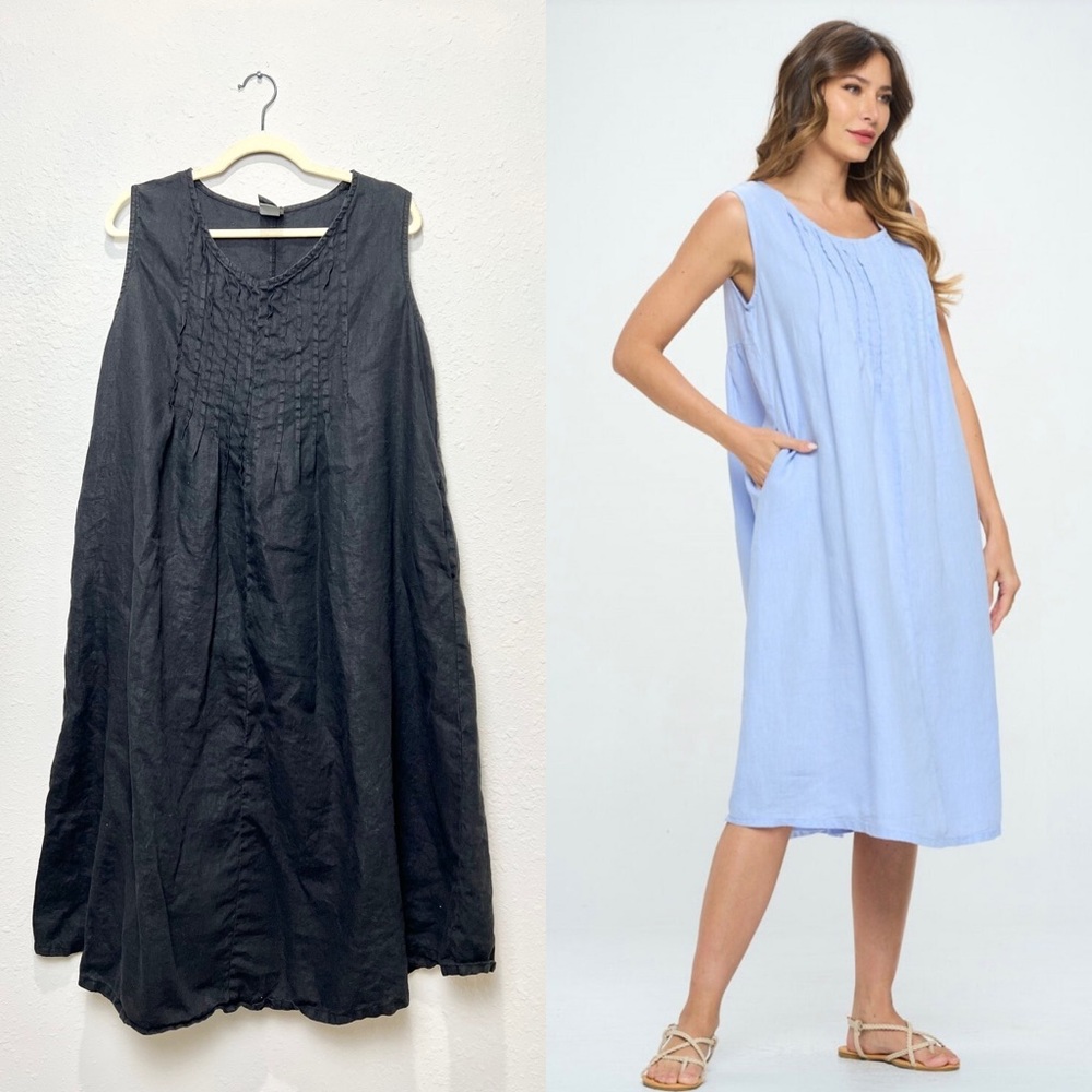 Match Point USA Linen Lagenlook Pleated Sleeveless Black Dress  Medium M